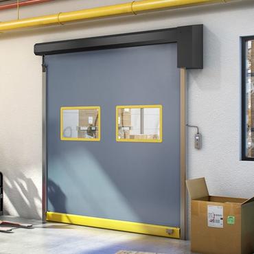 Gray and yellow high speed roll up door.